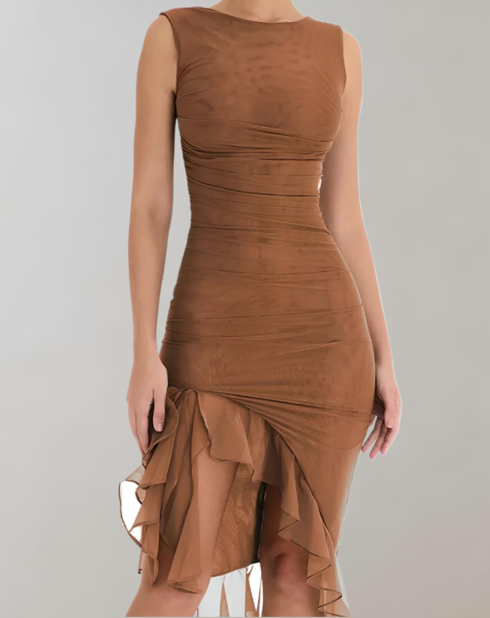 Vera - Elegante mouwloze, knielange bodycon-jurk met asymmetrische ruches