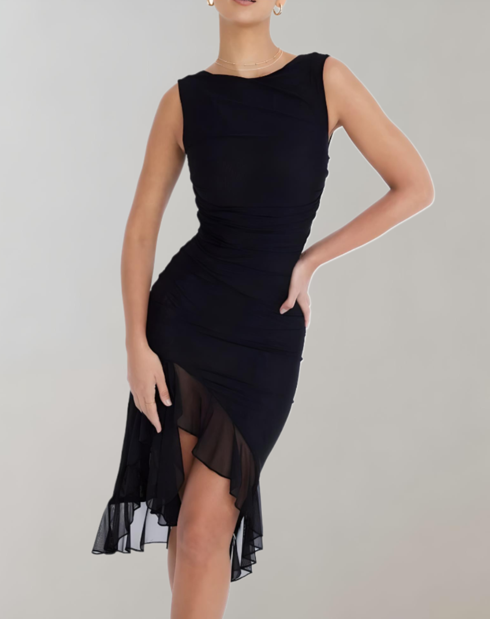 Vera - Elegante mouwloze, knielange bodycon-jurk met asymmetrische ruches