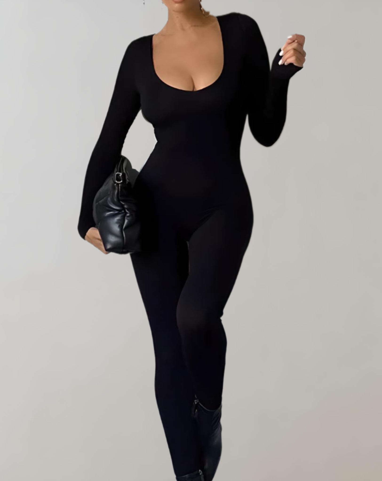 Andy - Bodycon jumpsuit met lange mouwen, effen kleur en ronde halslijn