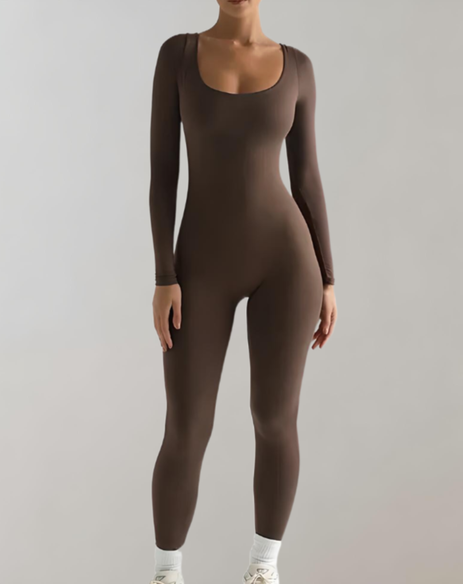 Andy - Bodycon jumpsuit met lange mouwen, effen kleur en ronde halslijn