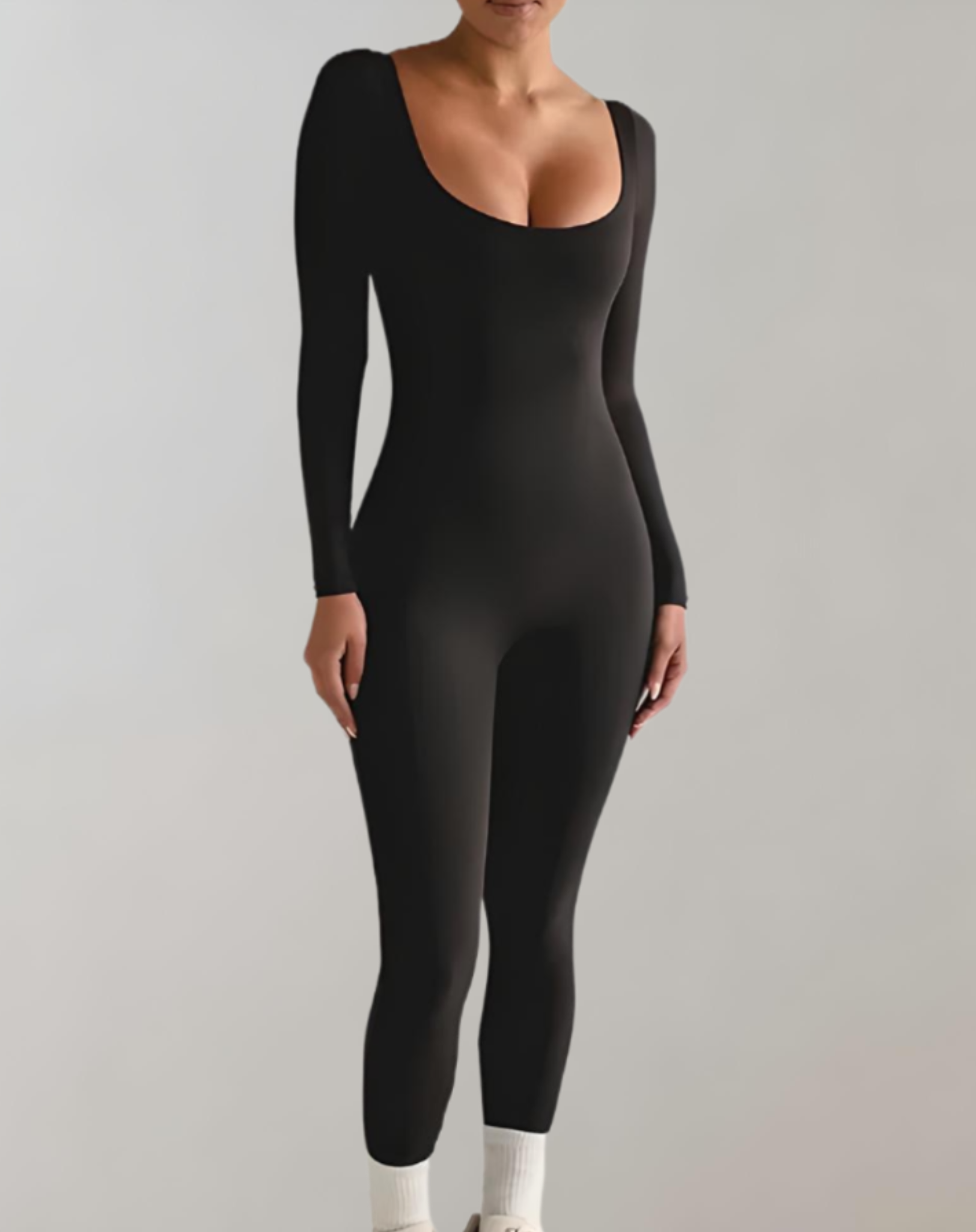 Andy - Bodycon jumpsuit met lange mouwen, effen kleur en ronde halslijn