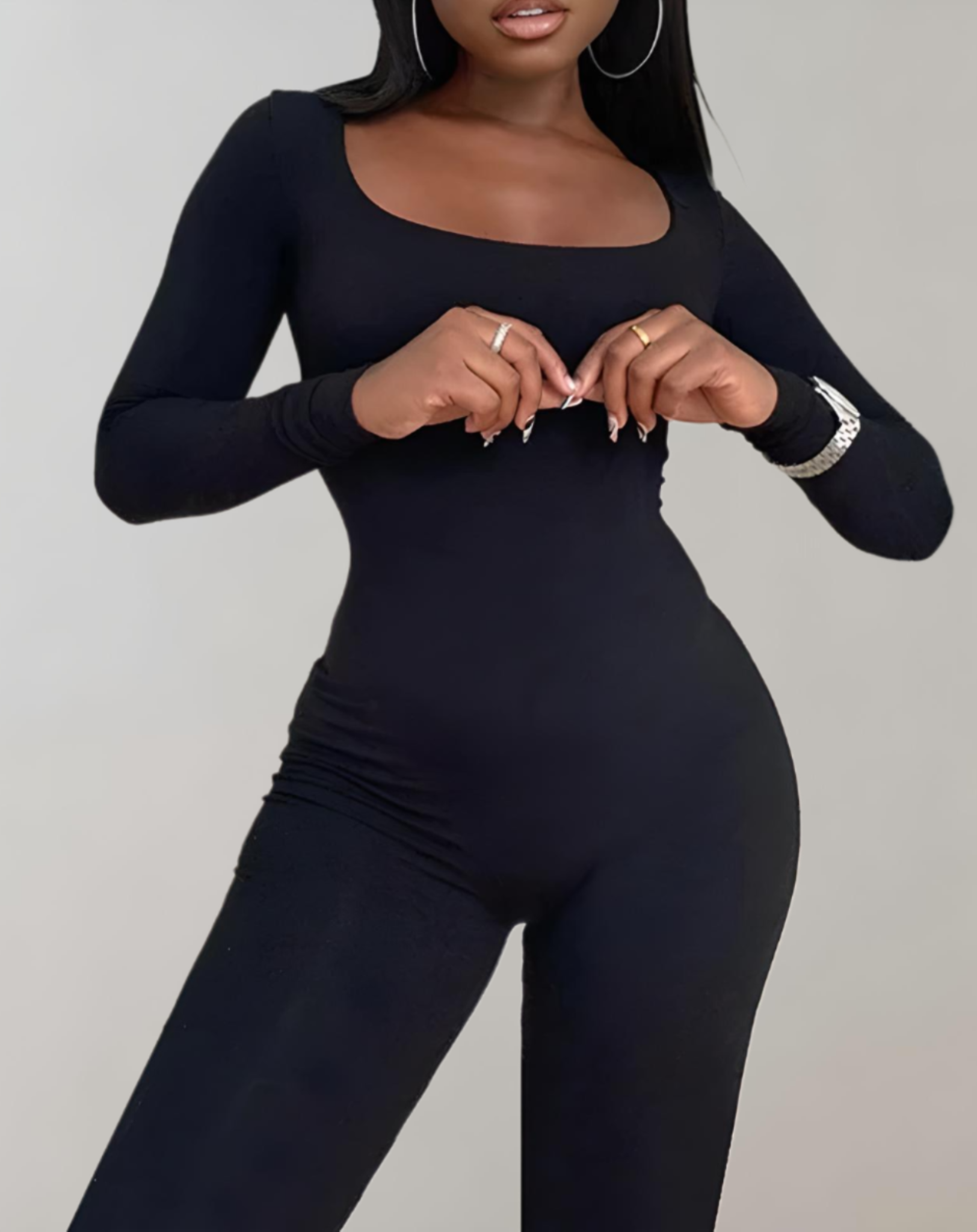 Andy - Bodycon jumpsuit met lange mouwen, effen kleur en ronde halslijn