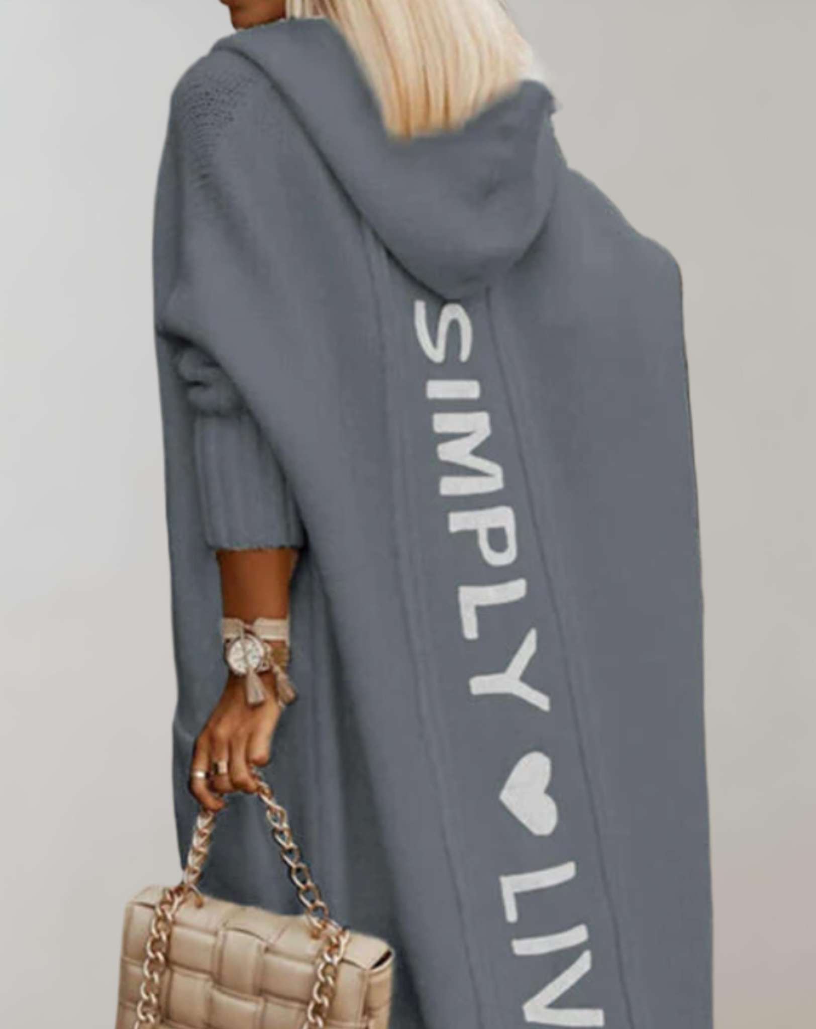 Andy - Eenvoudige oversized gebreide trui met lange capuchon en simply live print