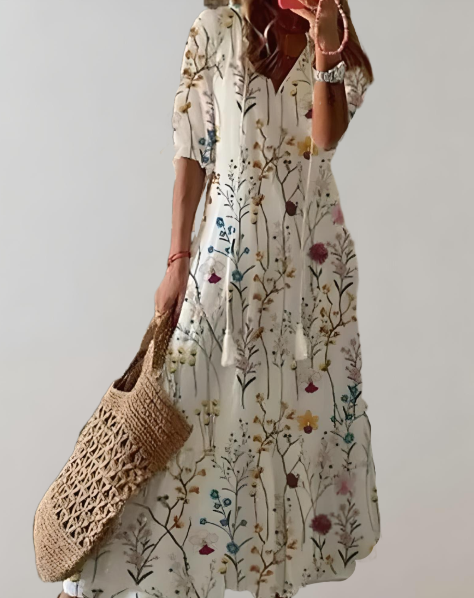 Lidia - Bohemian maxi-jurk met bloemenprint, halve mouwen en verstelbaar trekkoord