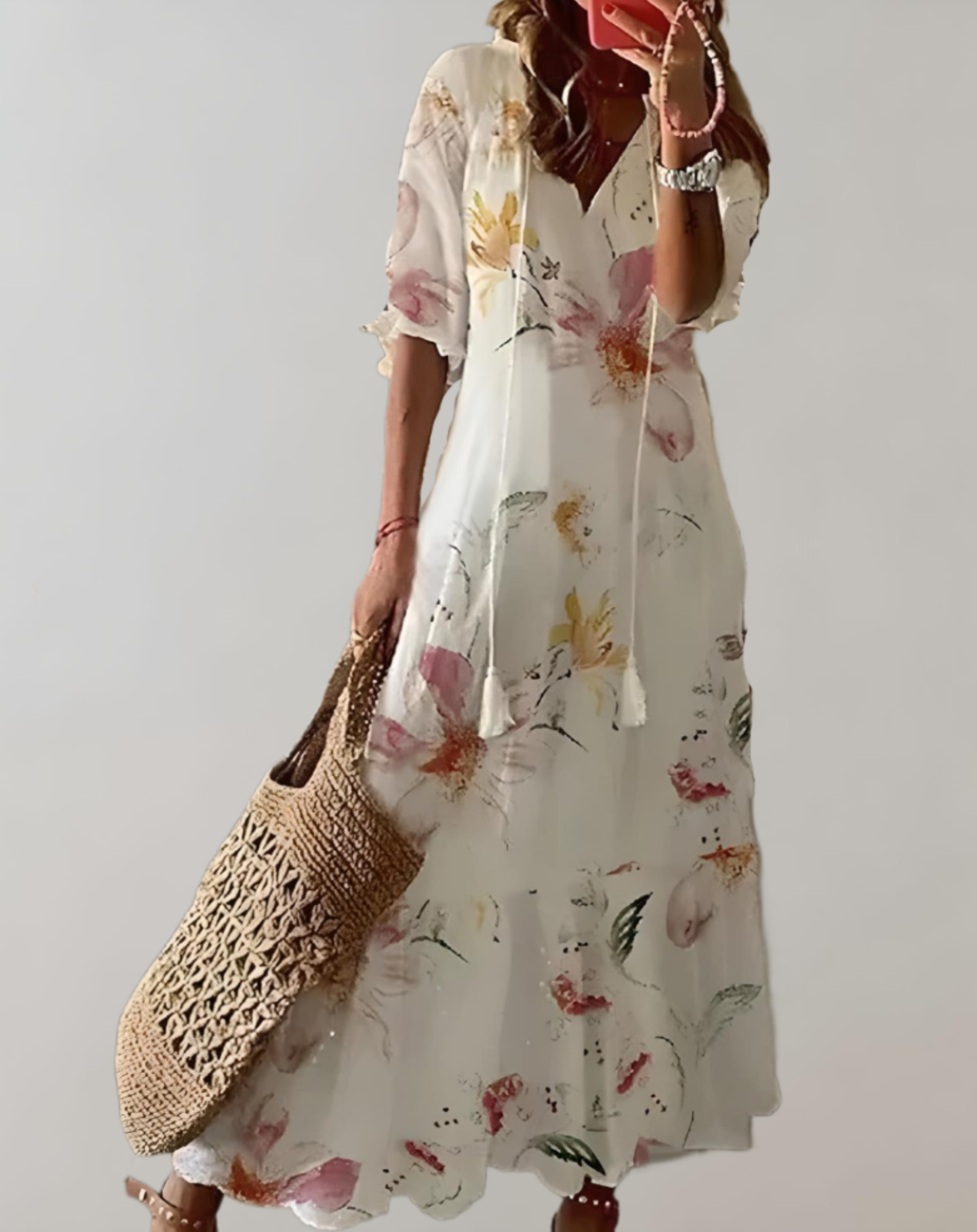 Lidia - Bohemian maxi-jurk met bloemenprint, halve mouwen en verstelbaar trekkoord