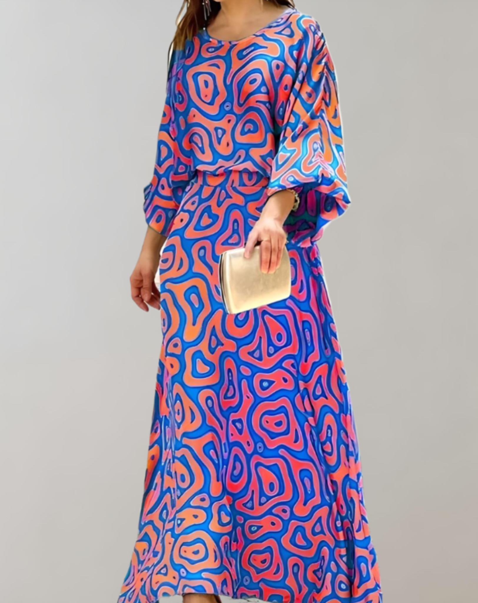 Stephanie - Oversized maxi-jurk met print, vleermuismouwen, tailleband en ronde halslijn