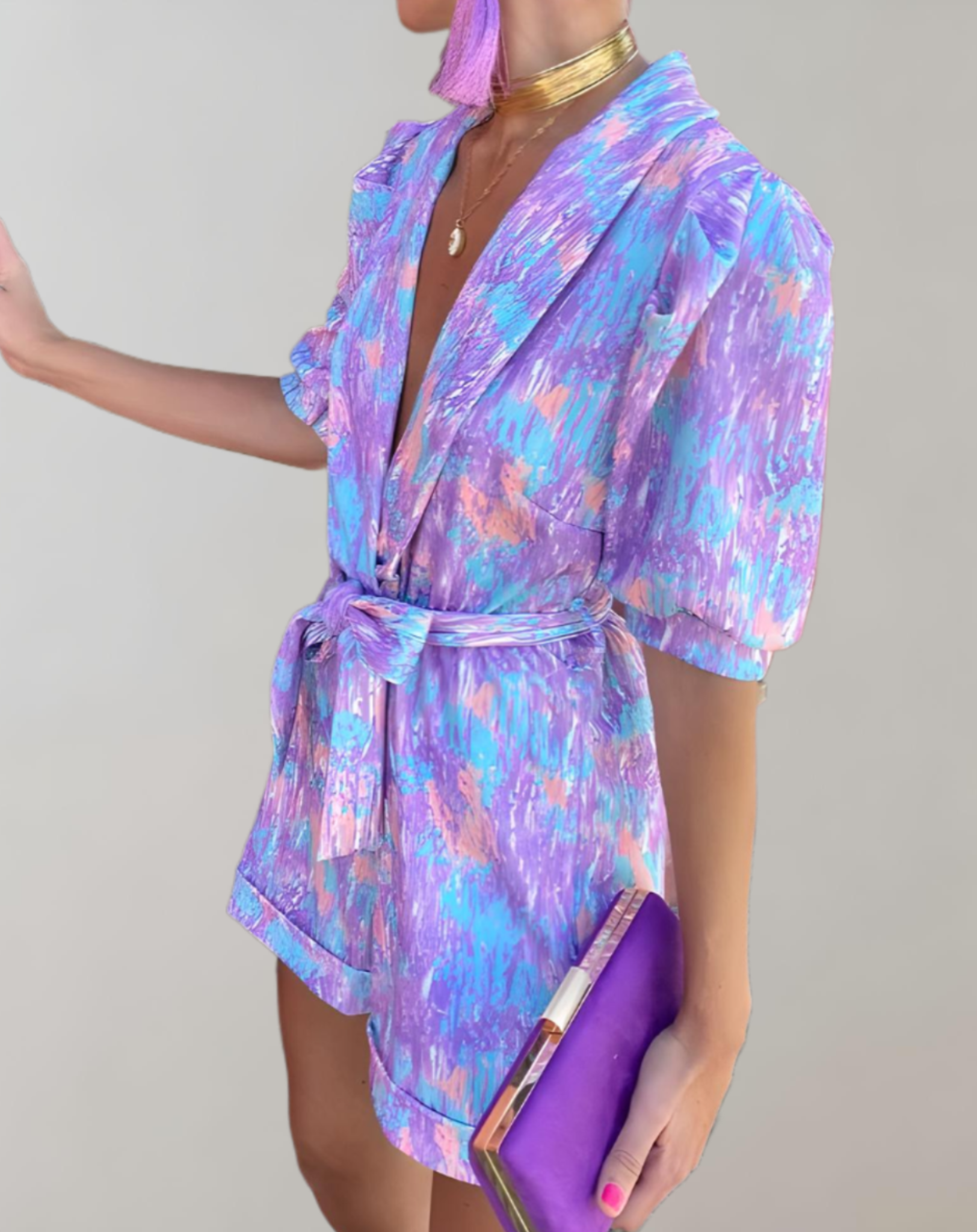 Tony Multi Color bedrukte korte jumpsuit met reverskraag en pofmouwen