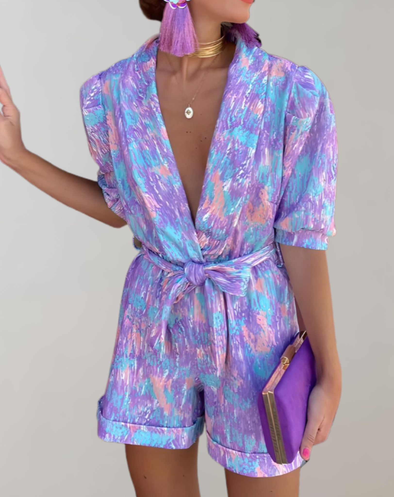 Tony Multi Color bedrukte korte jumpsuit met reverskraag en pofmouwen