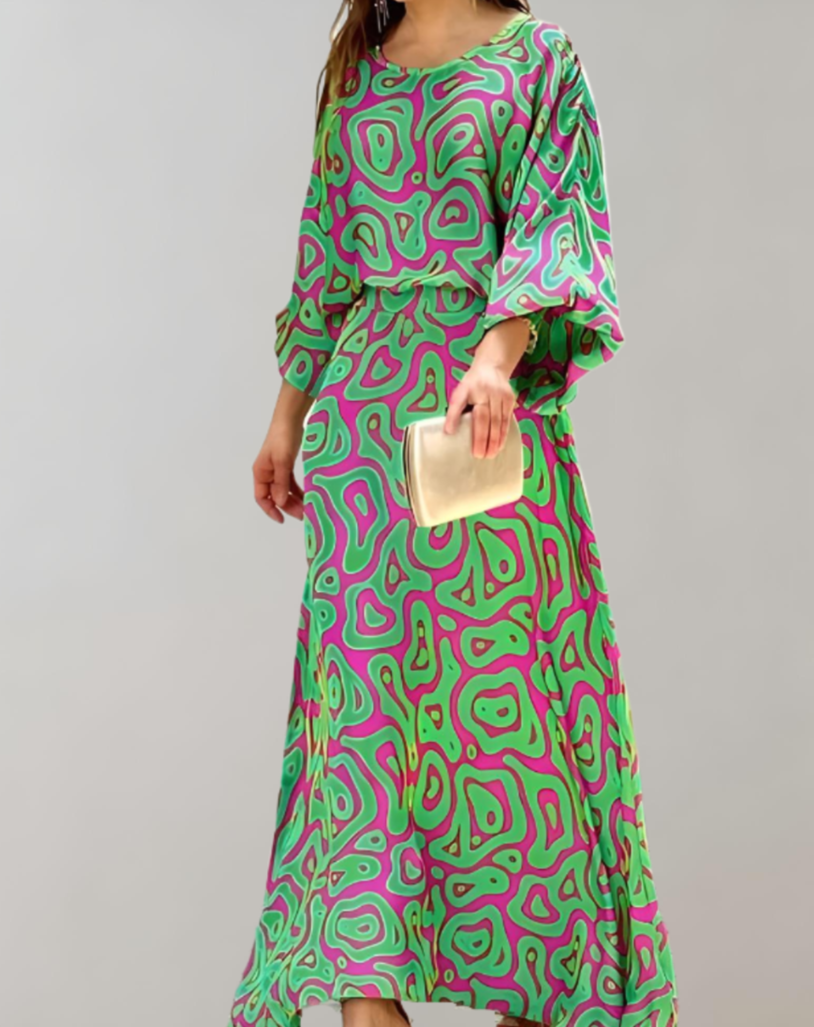 Stephanie - Oversized maxi-jurk met print, vleermuismouwen, tailleband en ronde halslijn