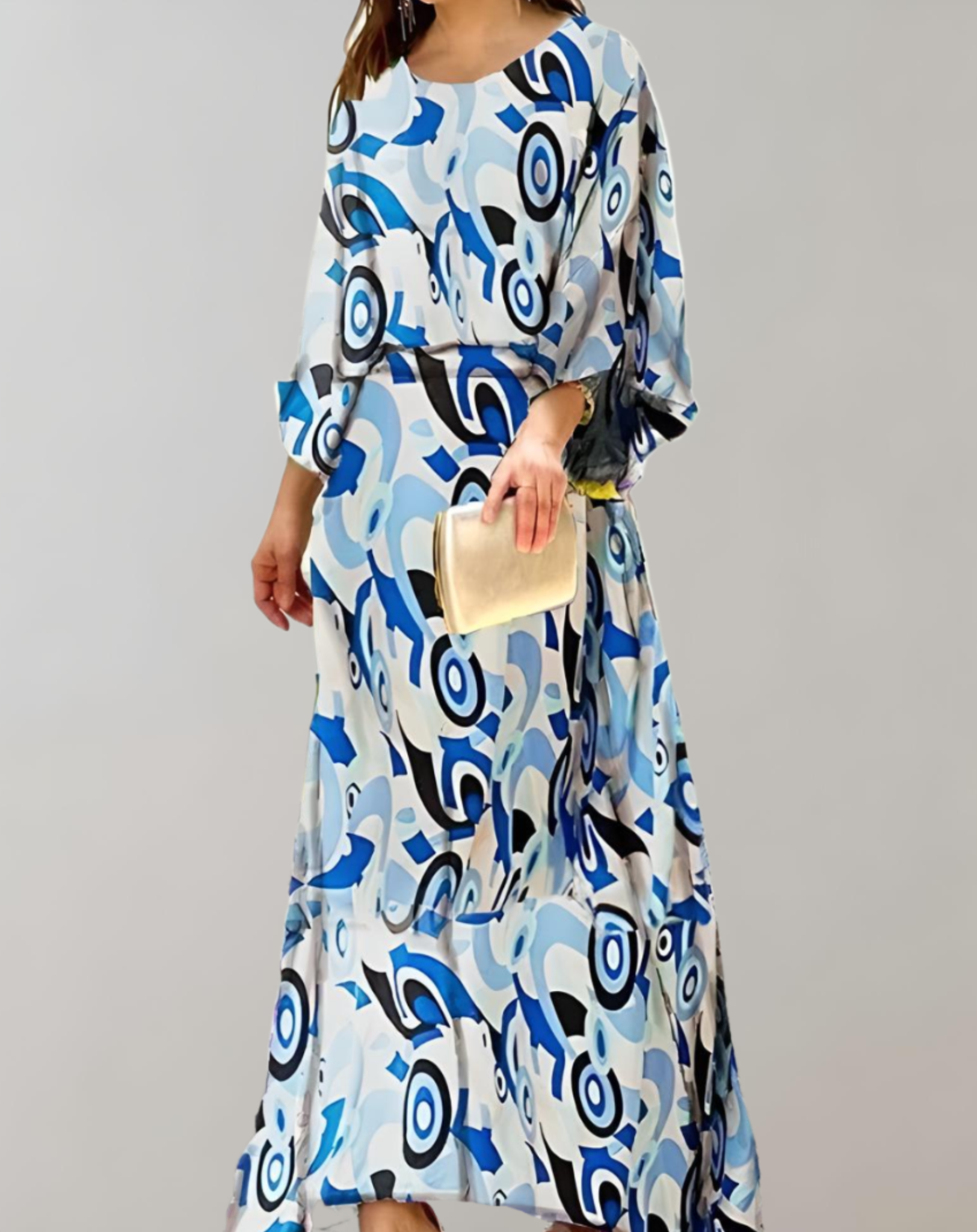 Stephanie - Oversized maxi-jurk met print, vleermuismouwen, tailleband en ronde halslijn