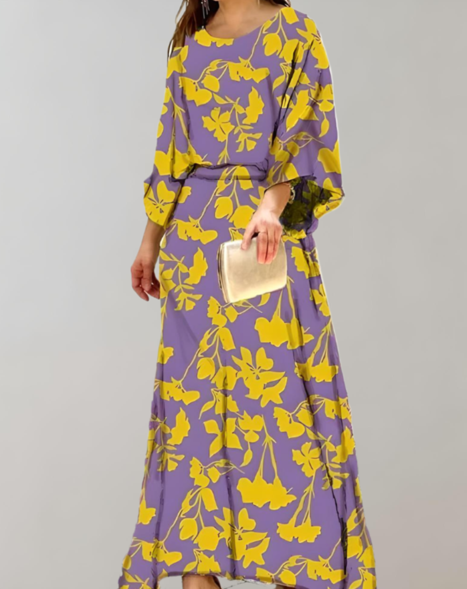 Stephanie - Oversized maxi-jurk met print, vleermuismouwen, tailleband en ronde halslijn