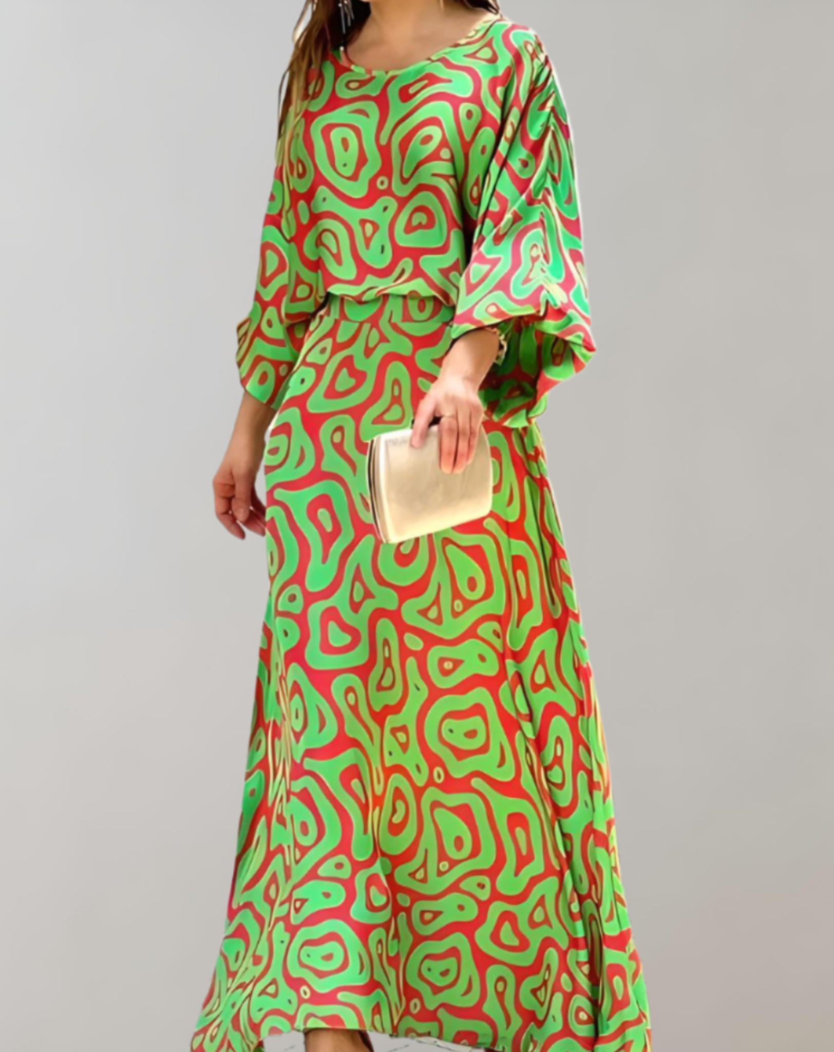 Stephanie - Oversized maxi-jurk met print, vleermuismouwen, tailleband en ronde halslijn