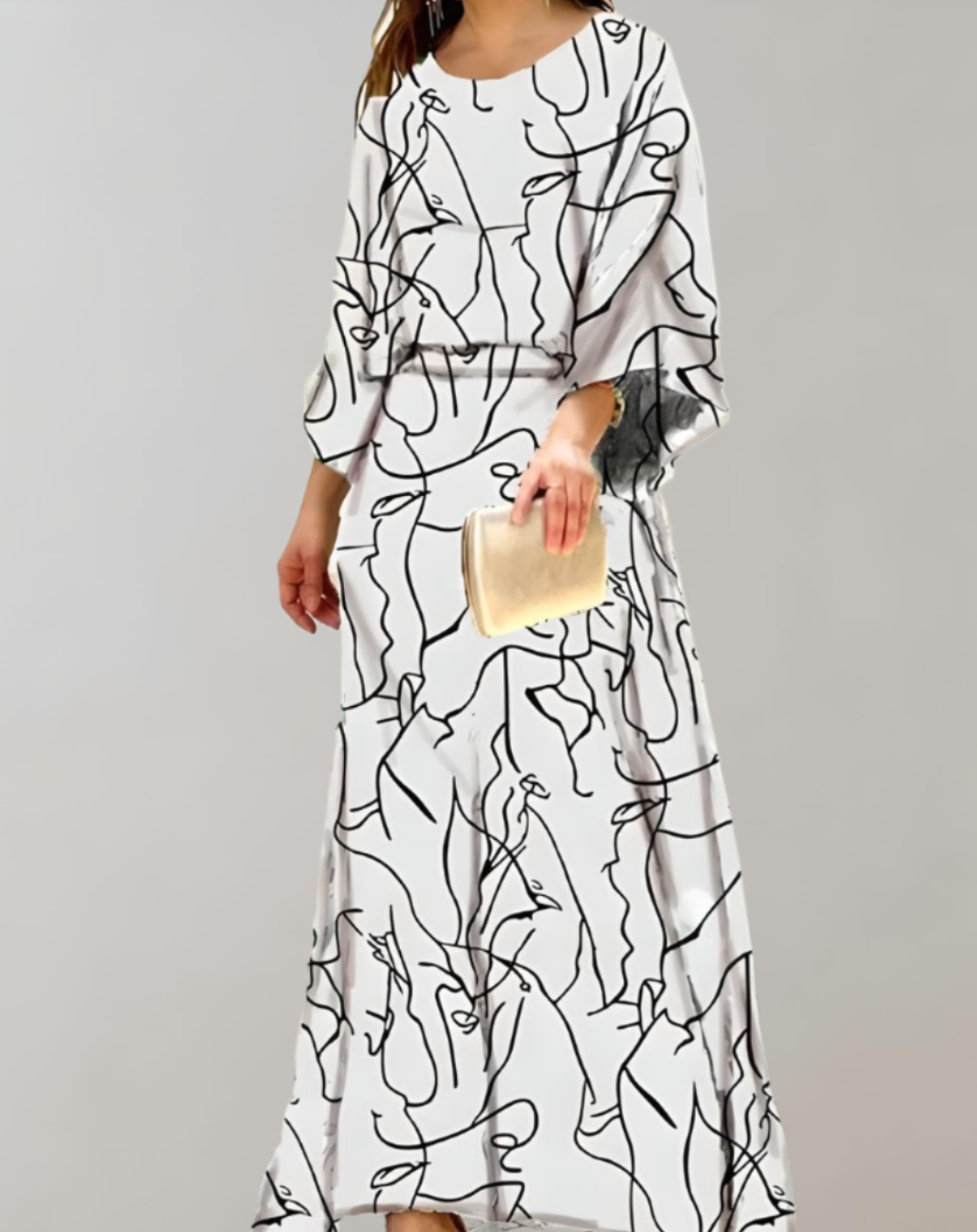 Stephanie - Oversized maxi-jurk met print, vleermuismouwen, tailleband en ronde halslijn