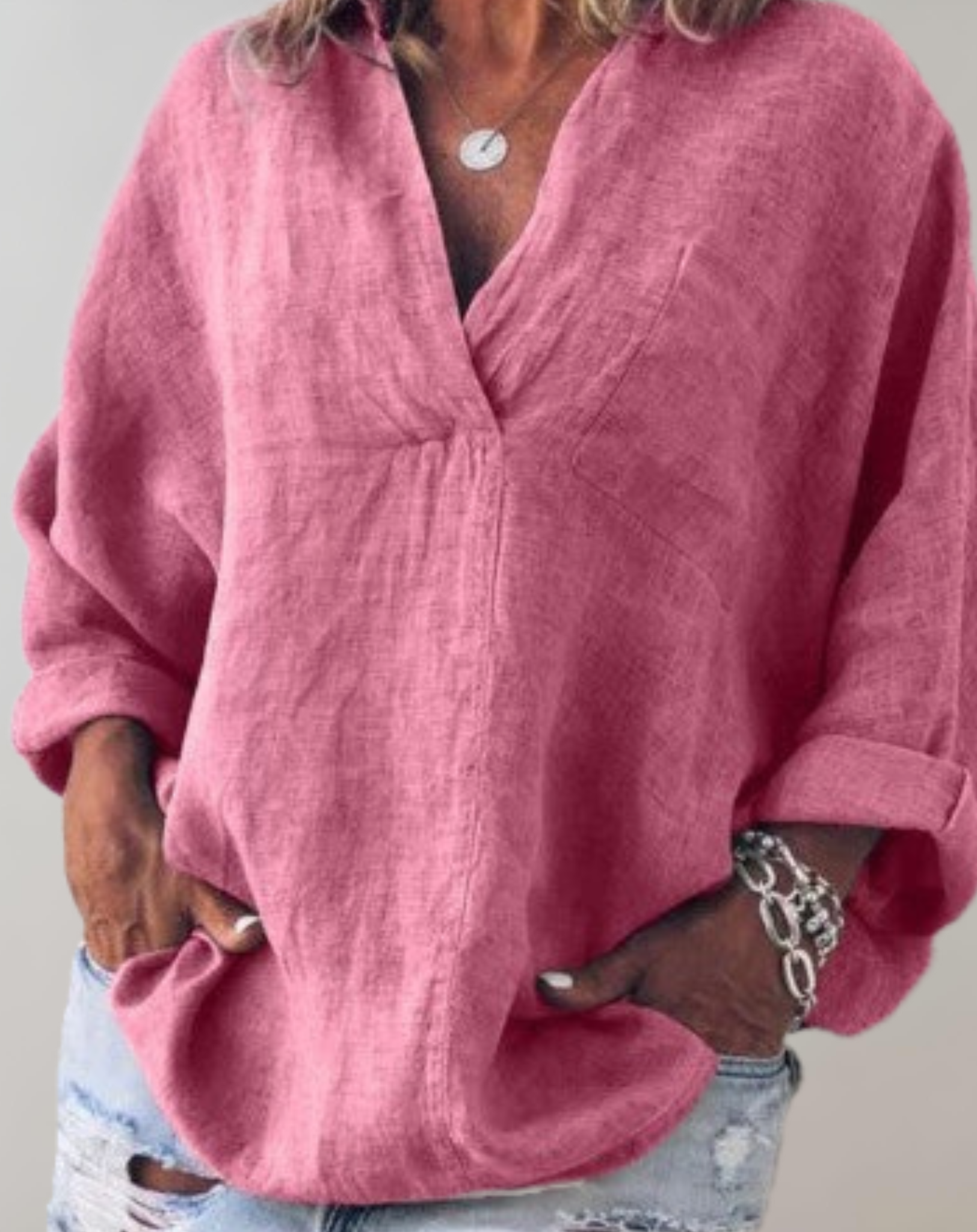 Raiza - Relaxte effen oversized top met V-hals en lange mouwen