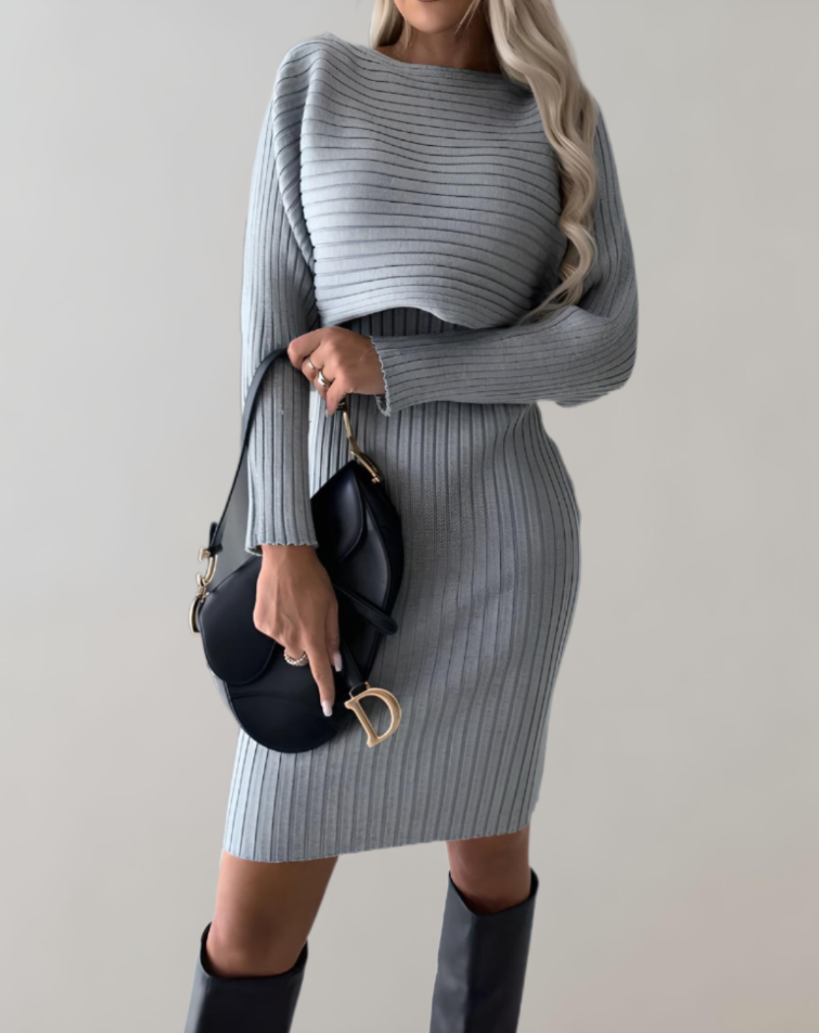 Mari - 2-delige set met gebreide bodycon jurk met spaghettibandjes en gebreide cropped sweater