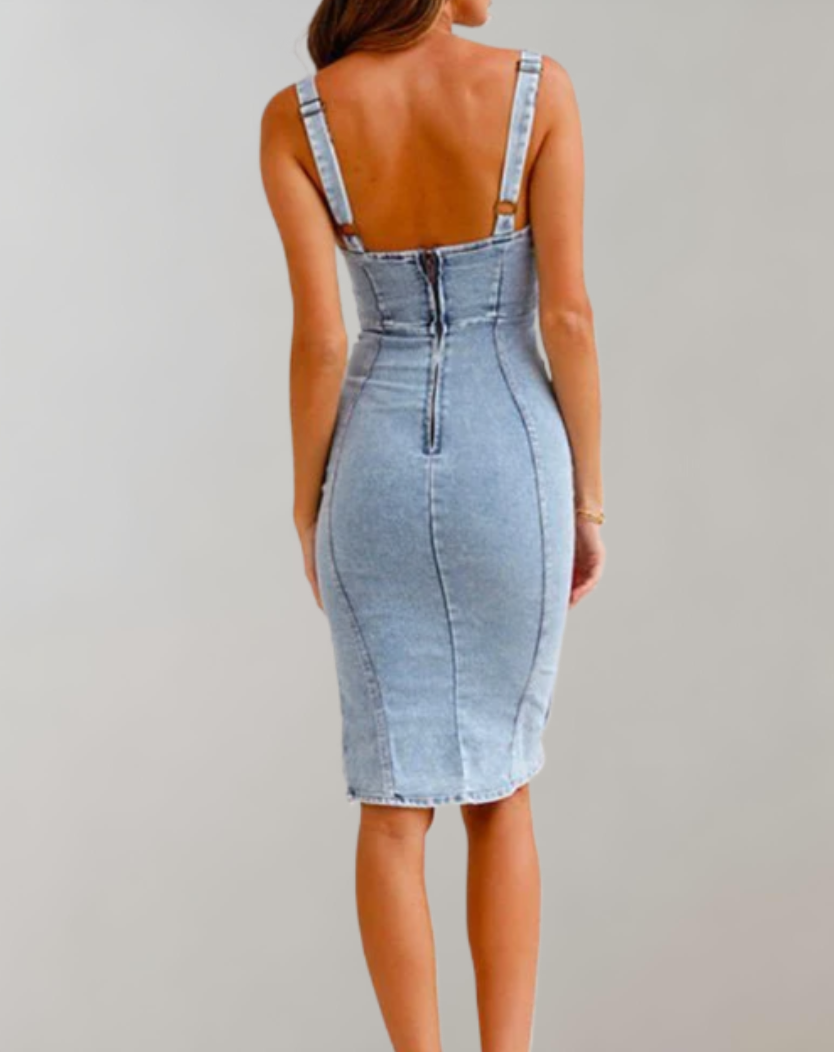 Ivana - bodycon denim jurk met spaghettibandjes, split, U-hals en ritssluiting