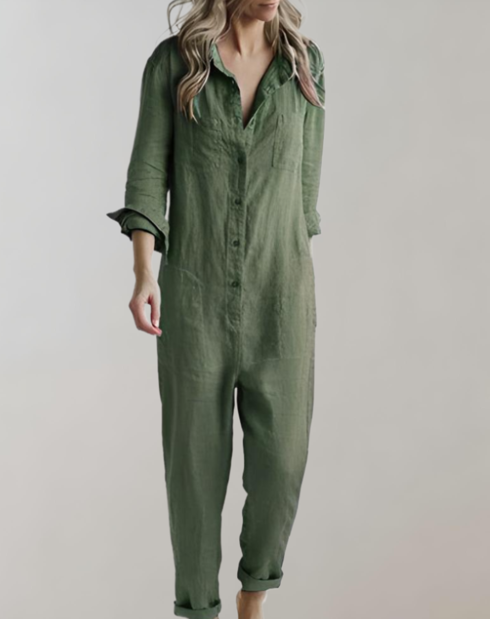 Kehlani - Effen jumpsuit met lange mouwen, polokraag, knoopsluiting en meerdere zakken