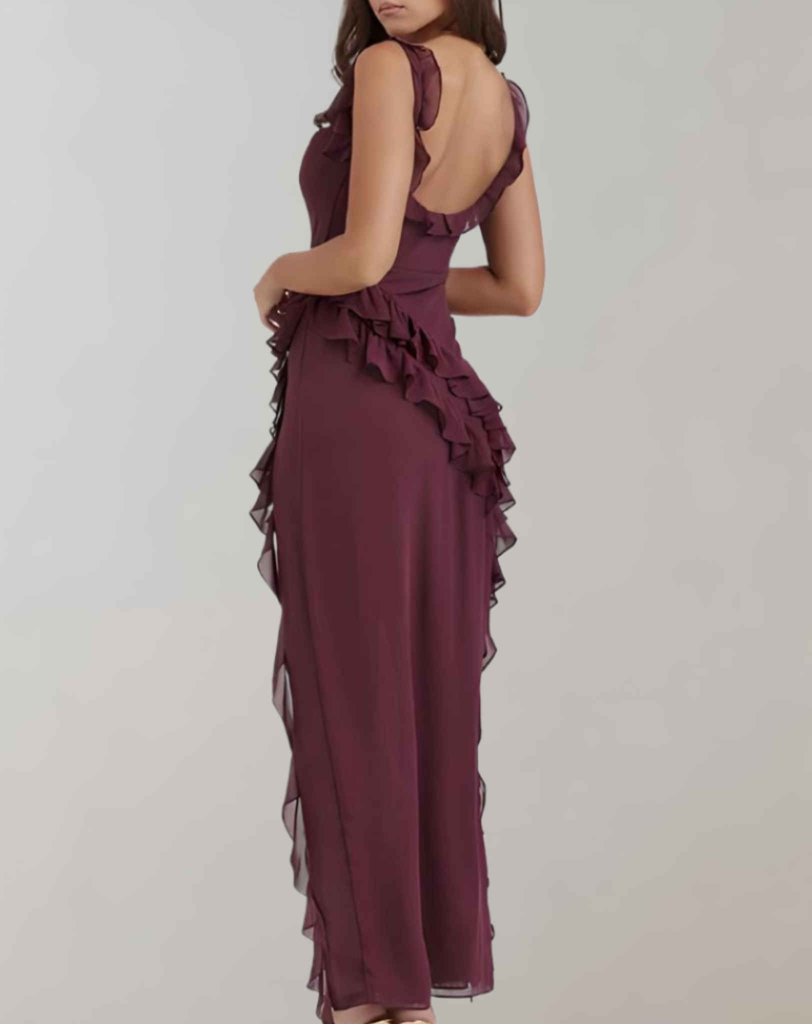 Evelyn - elegante maxi-jurk met ruches, halve ruglengte, spaghettibandjes en splitdetails