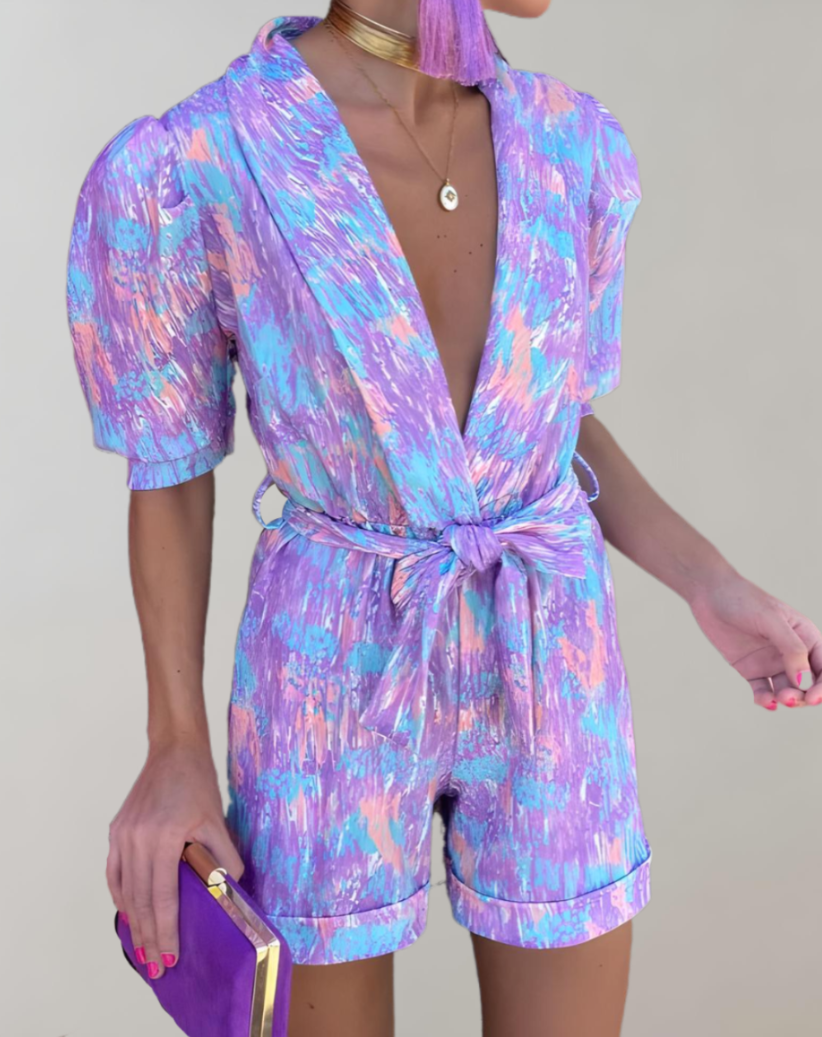 Tony Multi Color bedrukte korte jumpsuit met reverskraag en pofmouwen