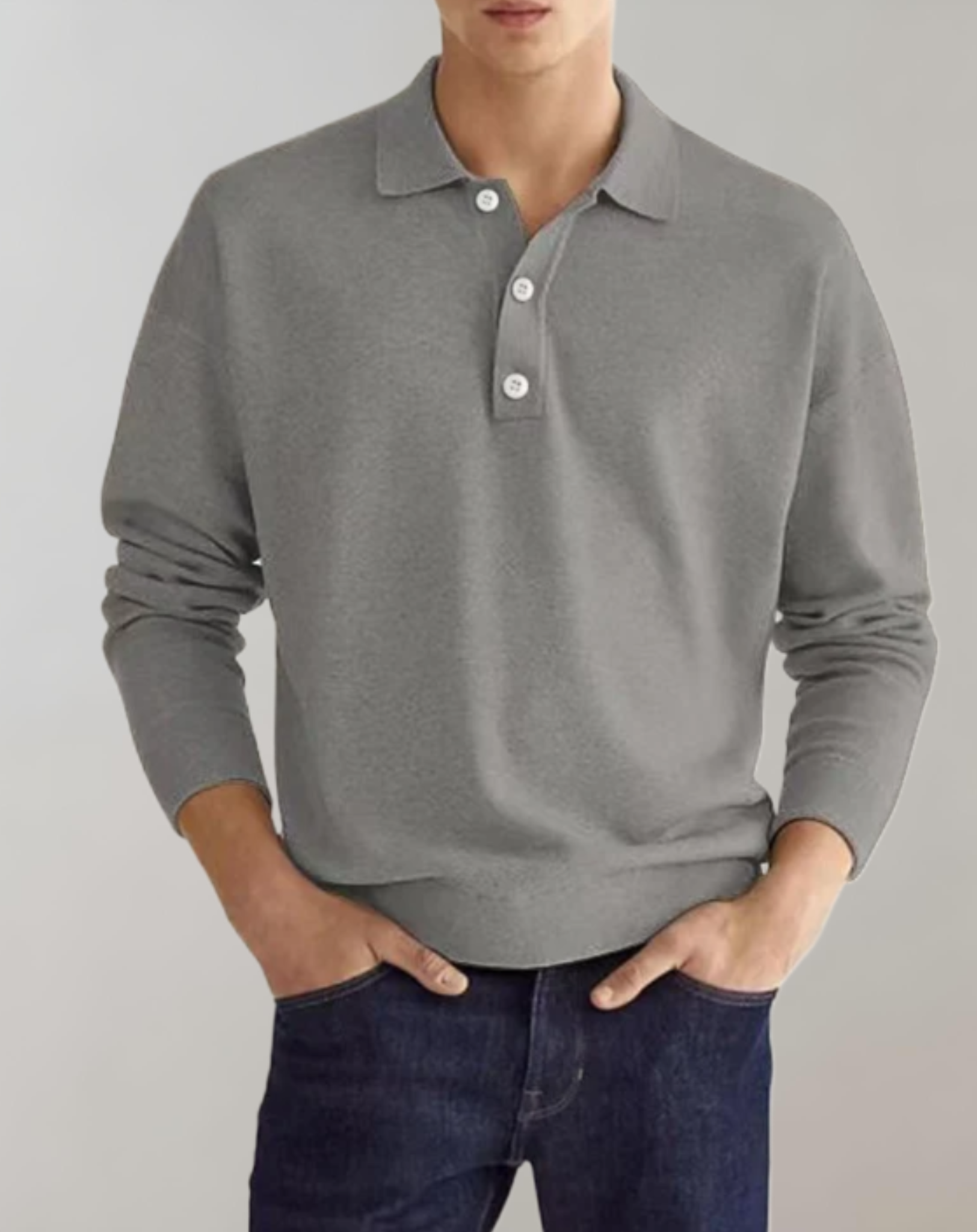 Collins - heren casual polo met kraag, lange mouwen en knoopsluiting