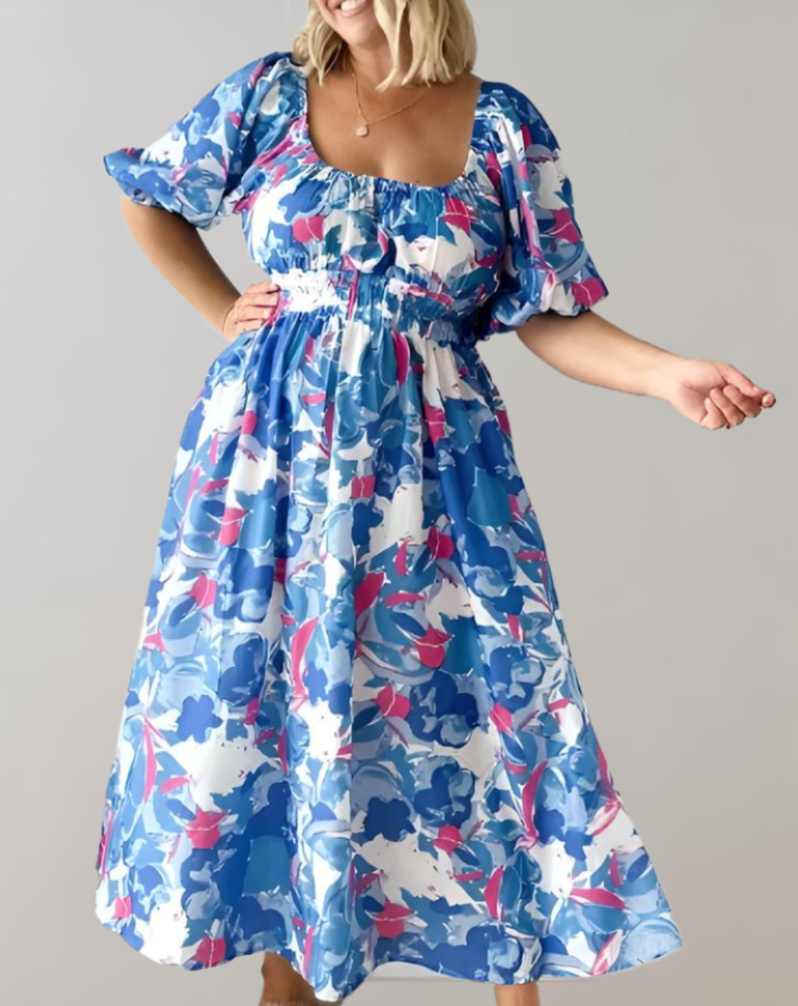 Sannie - zomerse off-shoulder midi-jurk met bloemenprint, pofmouwen en tailleband