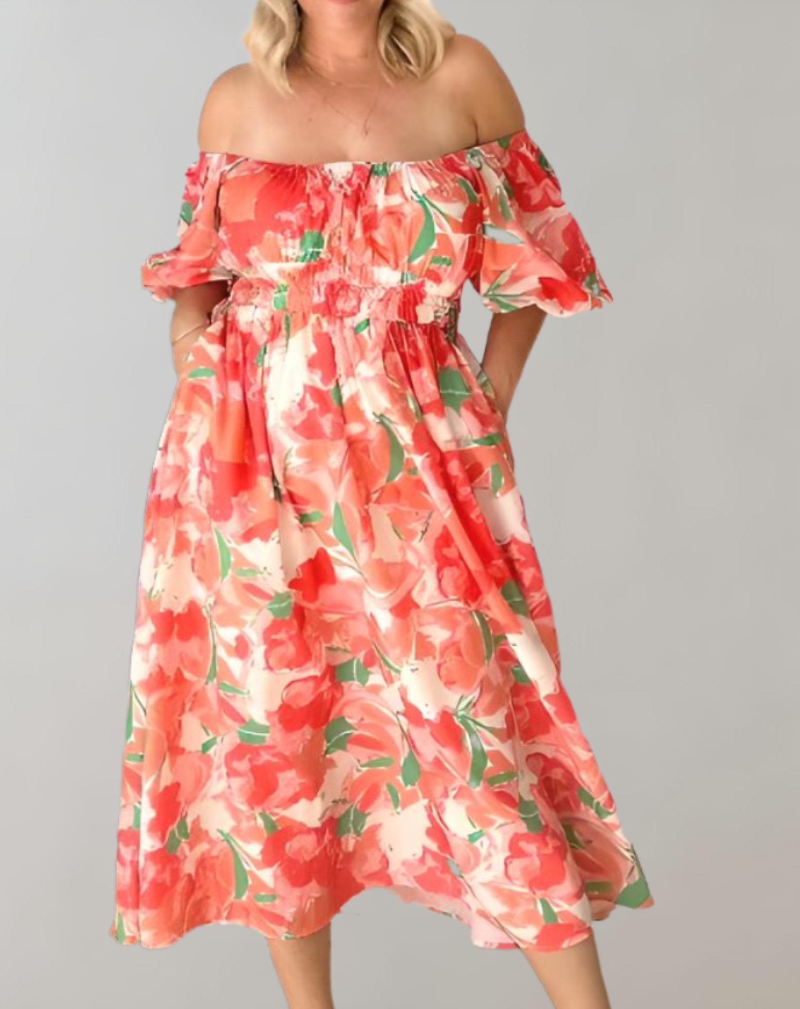 Sannie - zomerse off-shoulder midi-jurk met bloemenprint, pofmouwen en tailleband