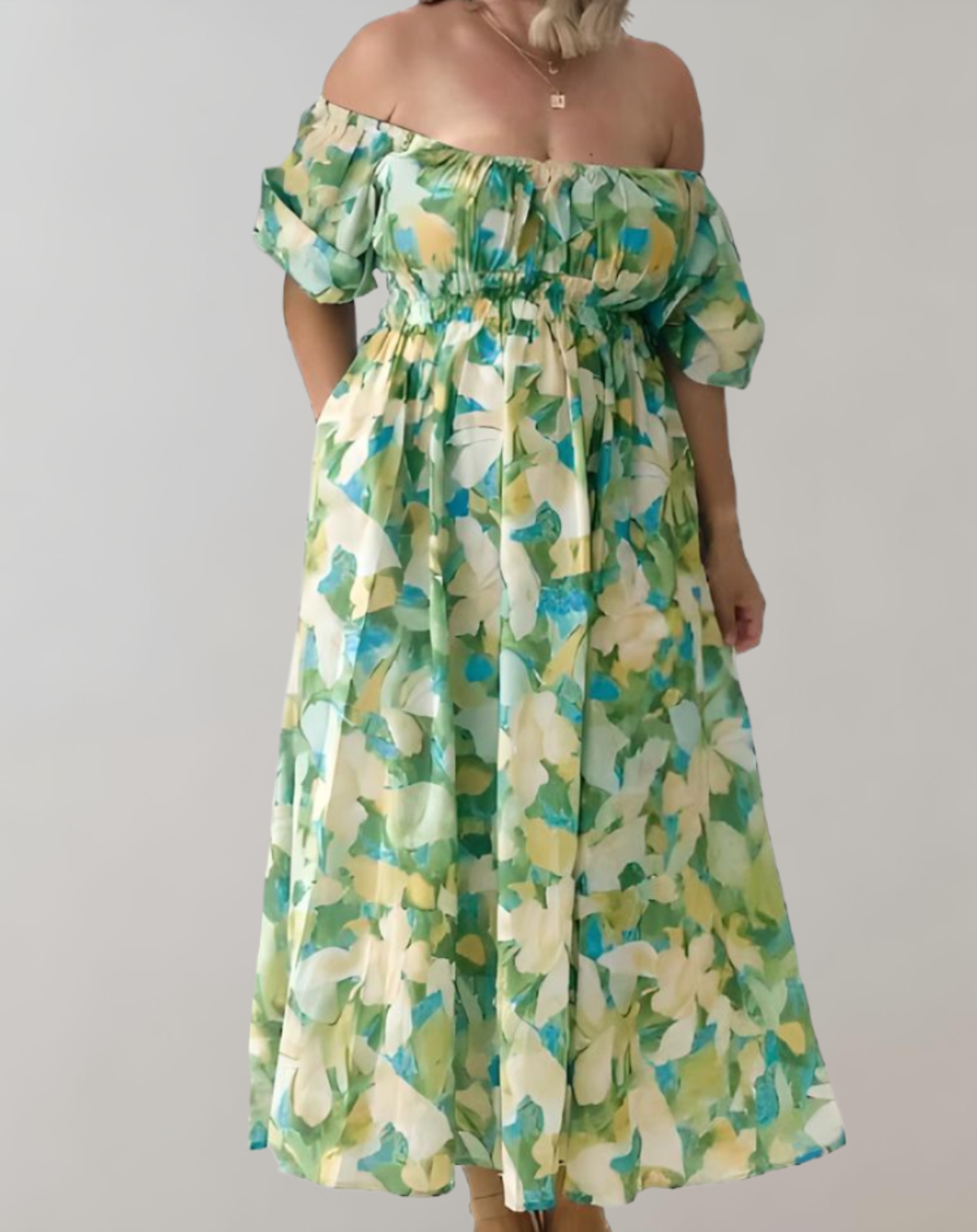 Sannie - zomerse off-shoulder midi-jurk met bloemenprint, pofmouwen en tailleband