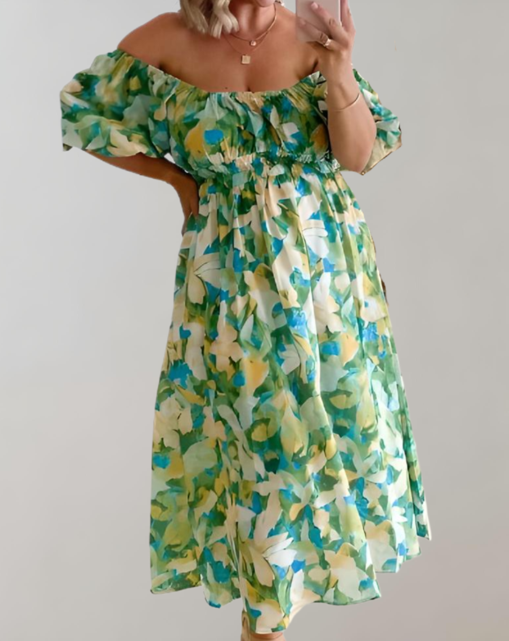 Sannie - zomerse off-shoulder midi-jurk met bloemenprint, pofmouwen en tailleband