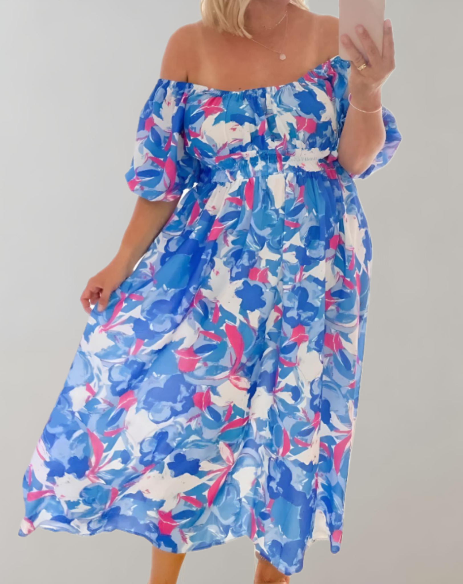 Sannie - zomerse off-shoulder midi-jurk met bloemenprint, pofmouwen en tailleband