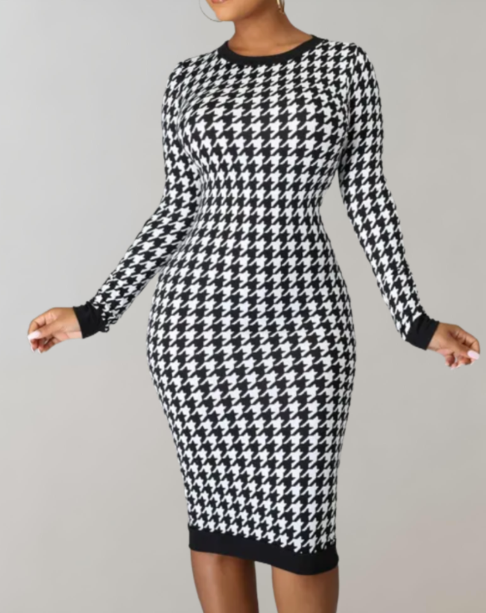 Irene - Houndstooth midi-jurk met lange mouwen, ronde hals en split op de rug