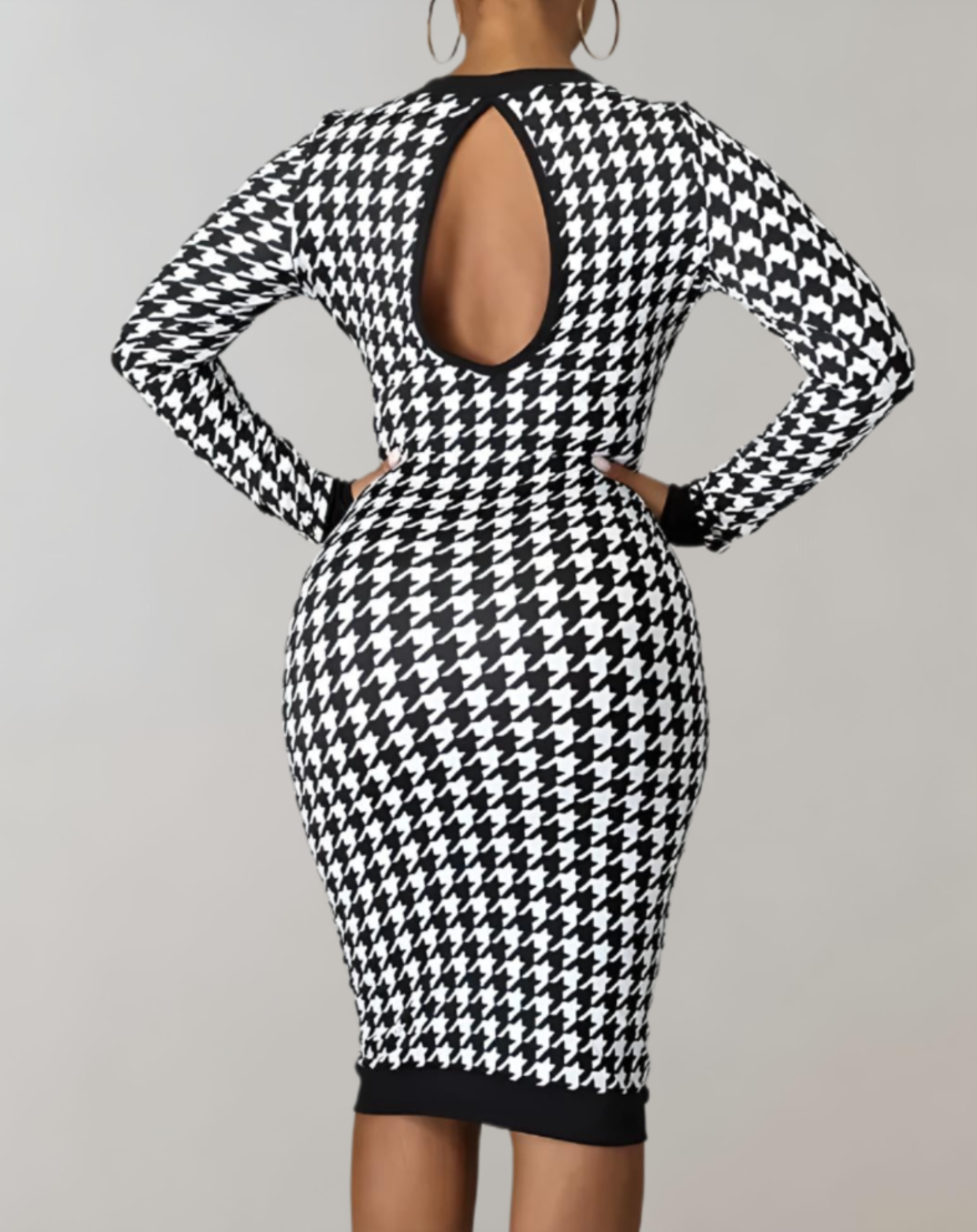 Irene - Houndstooth midi-jurk met lange mouwen, ronde hals en split op de rug