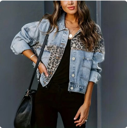 Trendy denim jack met luipaardprint voor dames