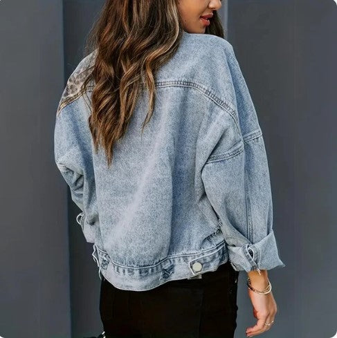 Trendy denim jack met luipaardprint voor dames