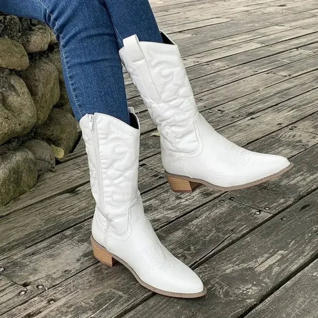 Witte kant leer zachte cowboylaarzen voor vrouwen